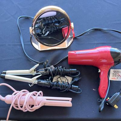 Personal Grooming Lot – Hair Dryer, Curling Irons, Flat Iron & Mirror
