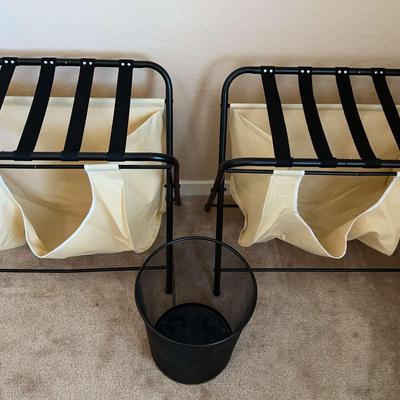 Set of 2 Luggage Racks with Canvas Hampers + Black Mesh Trash Can