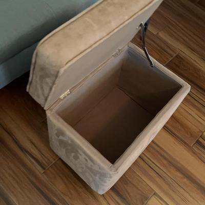 Light Blue Upholstered Bench & Tan Storage Ottoman