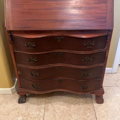 Antique Mahogany Drop Front Secretary Desk with Serpentine Drawers