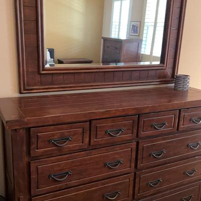 Rustic Wood Dresser with Matching Mirror – 12 Drawers