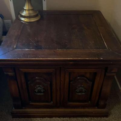 Vintage Wood End Table with Storage & Brass Lamp