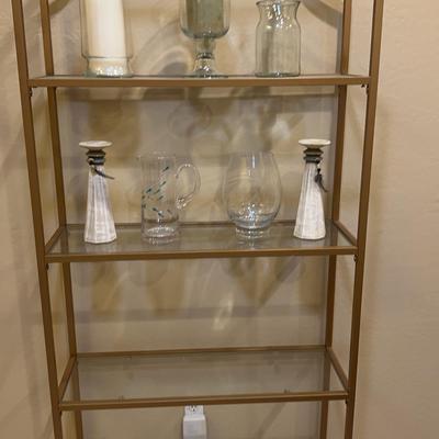 Elegant Metal & Glass Display Shelf with Decorative Glassware Set