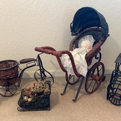 Vintage Wicker Wood Doll Baby Carriage And Metal Decor