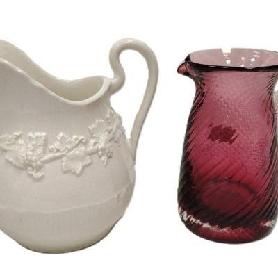 WEDGWOOD QUEEN'S WARE PITCHER, AND CRANBERRY GLASS PITCHER