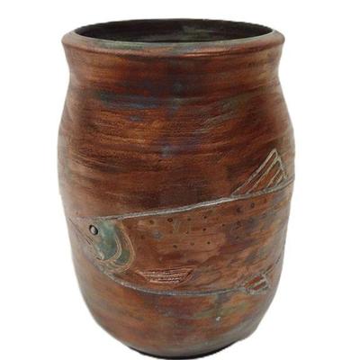 Raku pottery vase incised with salmon nfigure