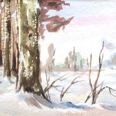 MINI FRAMED SIGNED LANDSCAPE WATERCOLOR.