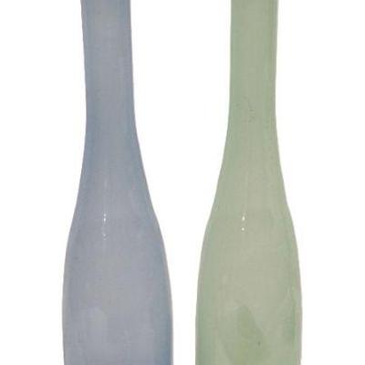 PIER ONE OPALESCENT GREEN AND BLUE GLASS BOTTLE DECANTERS