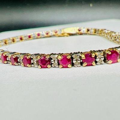 Sparkling Red 14K Gold Tennis Bracelet with Diamond Accents
