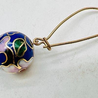 Single 14K Gold Blue Fliral Enamel 1.25” Dangle Earring
