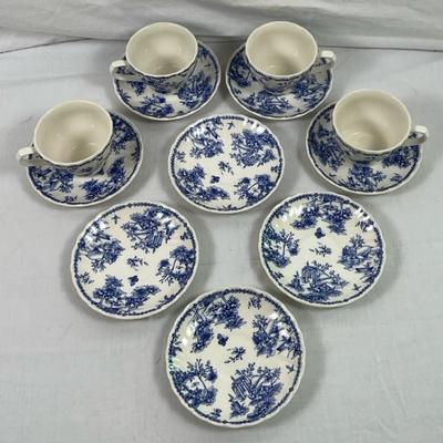 Churchill Toile Blue Teacups & Saucers – Vintage English Blue & White Dinnerware