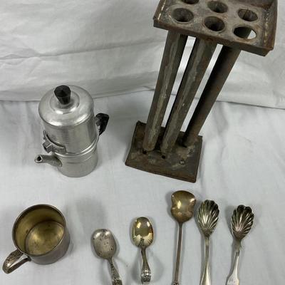 Antique Candle Mold, Coffee Maker, & Silver Spoons – Including Baby Spoons & Sugar Spoon