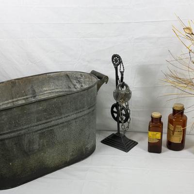 Industrial Decor & Railroad Relics Lot – Vintage Pulley Sculpture, CM&STP Padlock & Key, Antique Bot