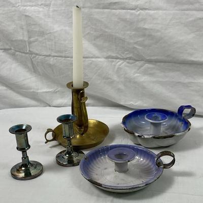 Victorian & Vintage Candle Holder Lot – Enamelware, Brass Chamberstick, Silver-Plated Italian Candle