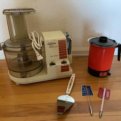Vintage Kitchen Tool Lot – Spice of Life Server, Hot Pot, Sunbeam Processor & Thermometers