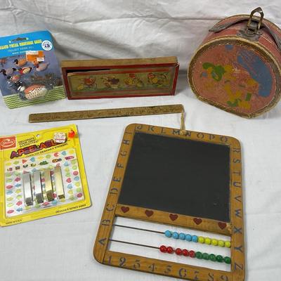 Antique German Chalkboard & Abacus School Slate, Vintage Duck-Shaped Pencil Sharpener, Boxwood Ruler