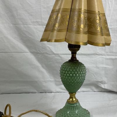 Vintage Green Jadeite Fenton Hobnail Glass Lamp with Pleated Shade