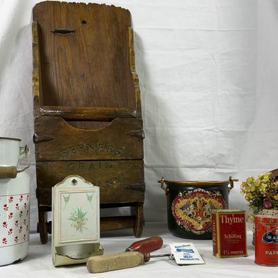 Vintage Farmhouse & Kitchen Collectibles Lot – Grain Scoop, Enamel Milk Can, Spice Tins, Ice Pick, M