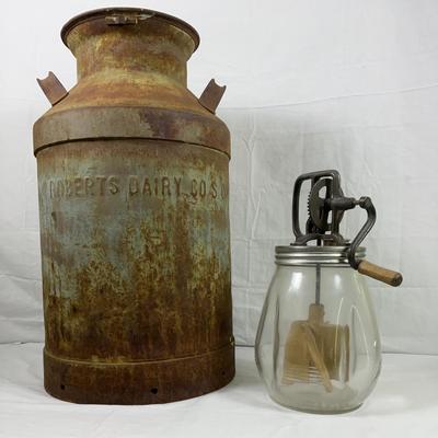Vintage Dairy Collectibles Lot – Early 20th C. Roberts Dairy Milk Can & Dazey No. 30 Glass Butter Ch