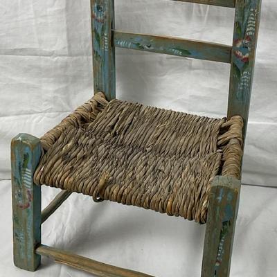 Antique Mexican Folk Art Chair with Woven Seat and Floral Painted Details, Rustic Blue Frame