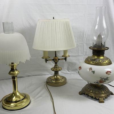 Lot of 3 Vintage & Antique Lamps – Hurricane Accent Lamp, Brass Oil Lamp, and Double-Light Student L