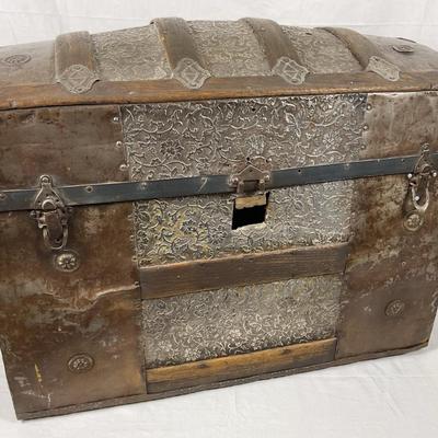 Antique Late 19th Century Steamer Trunk with Tooled Leather Panels, Decorative Metal Trim