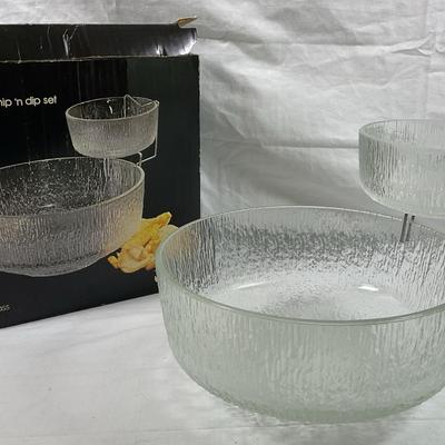 Vintage Indiana Glass “Crystal Ice” Chip and Dip Set – 3-Piece Textured Clear Glass, Mid-Century USA