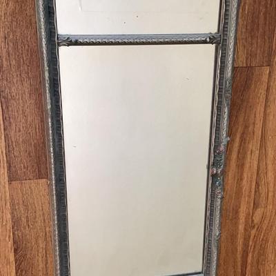 Antique 3 panel mirror, wood frame and decorated border on outer 2 mirrors
