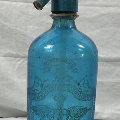 Vintage Blue Glass Seltzer Bottle “CAS PAR” Soda Syphon, Etched Design, Collectible Bar or Home Deco