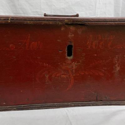 Antique Red Painted Wooden Chest – Primitive Farmhouse Storage Box, 19th–Early 20th Century