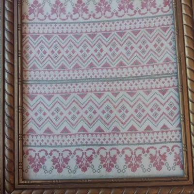 Framed Circa 1850 German Needlework Sampler by 12-Year-Old Girl – Pink & Gray Geometric and Floral M