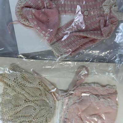 Lot of 2 Vintage Doll Caps – Pink Bonnet with Lace Trim & White Crocheted Hat – Collectible Doll Acc