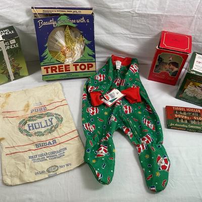 Vintage Christmas Décor Lot – Tiffany-Style Candle Holder, Spun Glass Tree Topper, Holly Sugar Sack,