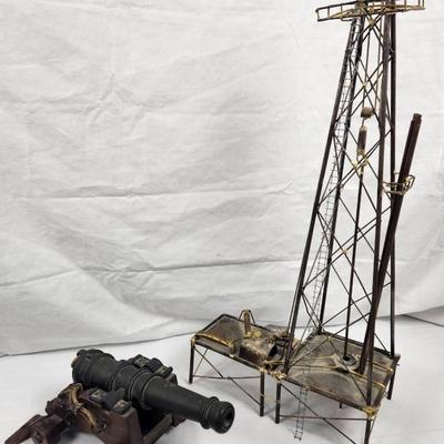 Antique Signal Cannon & Metal Oil Rig Sculpture – Historic Salute Cannon on Wooden Carriage Paired w