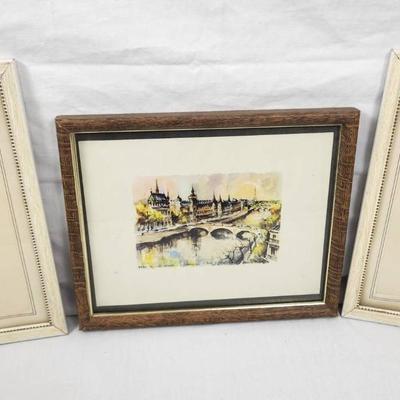Framed Paris Watercolor – Seine River & Bridge Scene, in the Style of Marius Girard or Lucien Delaru