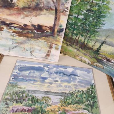 Landscape Art Trio – Nell Blaine's “Clouds Over Ledge” & Original Watercolor and Oil Scenes