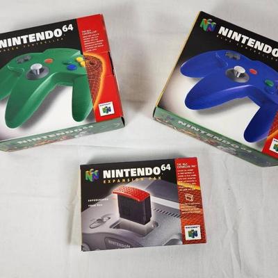 Nintendo 64 Accessories Lot – Boxed Green & Blue Controllers + Official Expansion Pak