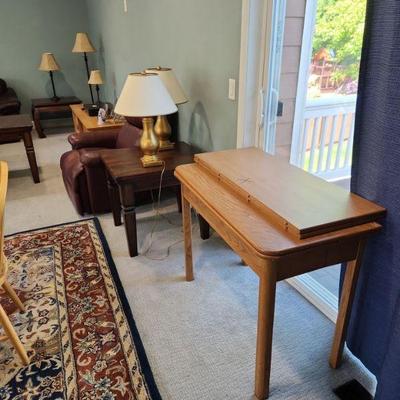 Dining tables, nightstands, table lamps, rugs