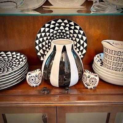 Black and white china, including Thyme & Table dishes