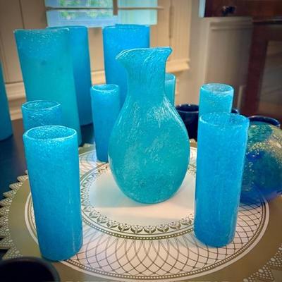 Vintage turquoise hand-blown pitcher and drinking glasses