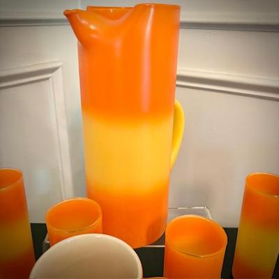 Vintage and newer orange serveware and decor - vintage MCM Blendo "Candy Corn" pitcher and tumblers