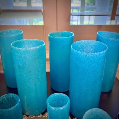 Vintage turquoise hand-blown pitcher and drinking glasses
