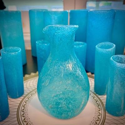 Vintage turquoise hand-blown pitcher and drinking glasses
