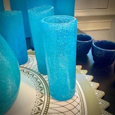 Vintage turquoise hand-blown pitcher and drinking glasses