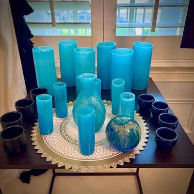 Vintage turquoise hand-blown pitcher and drinking glasses