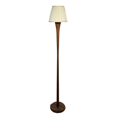 Danish Modern Floor Lamp | Mid-century modern Danish teak or similar wooden floor lamp with tapered column; shade dia. 10.25 in. - h....