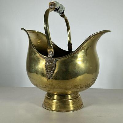 Brass Coal Scuttle | With a porcelain handle. - h. 17 x w. 14.75 in

