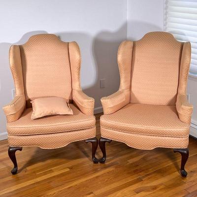 Pair Wingback Chairs | Woodmark Originals, with overall cushioned upholstery over cabriole legs. - h. 45 x w. 32 x d. 26 in

