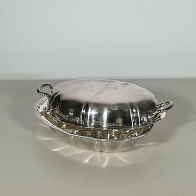 Covered Silver Serving Dish | Silver plate oval dish and cover with handles by Wilcox International Silver Company. - h. 3 x w. 11.5 in

