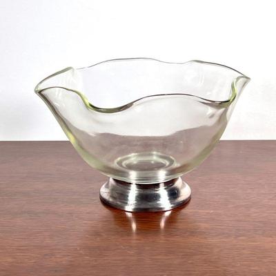 Glass & Silver Bowl | Glass serving bowl with a rippled edge on a silver plated base. - h. 6 x dia. 10 in


